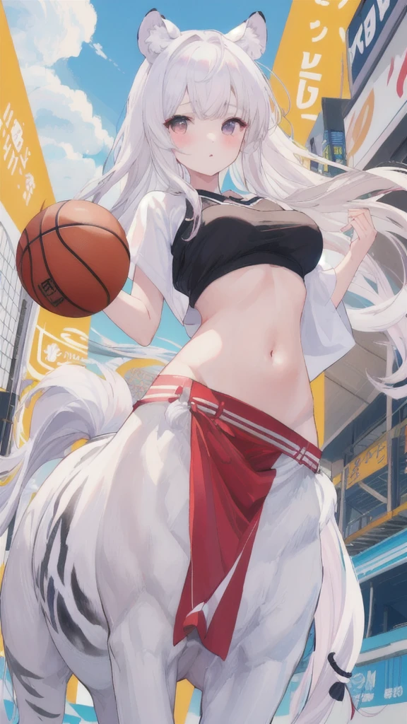 (best quality, masterpiece), 1 girl, centaur, It takes, White skin, Korean , basketball player, exposing the abdomen,belly button t-shirt, 아름다운 소녀 perfect white tiger photo, perfect white tiger photo