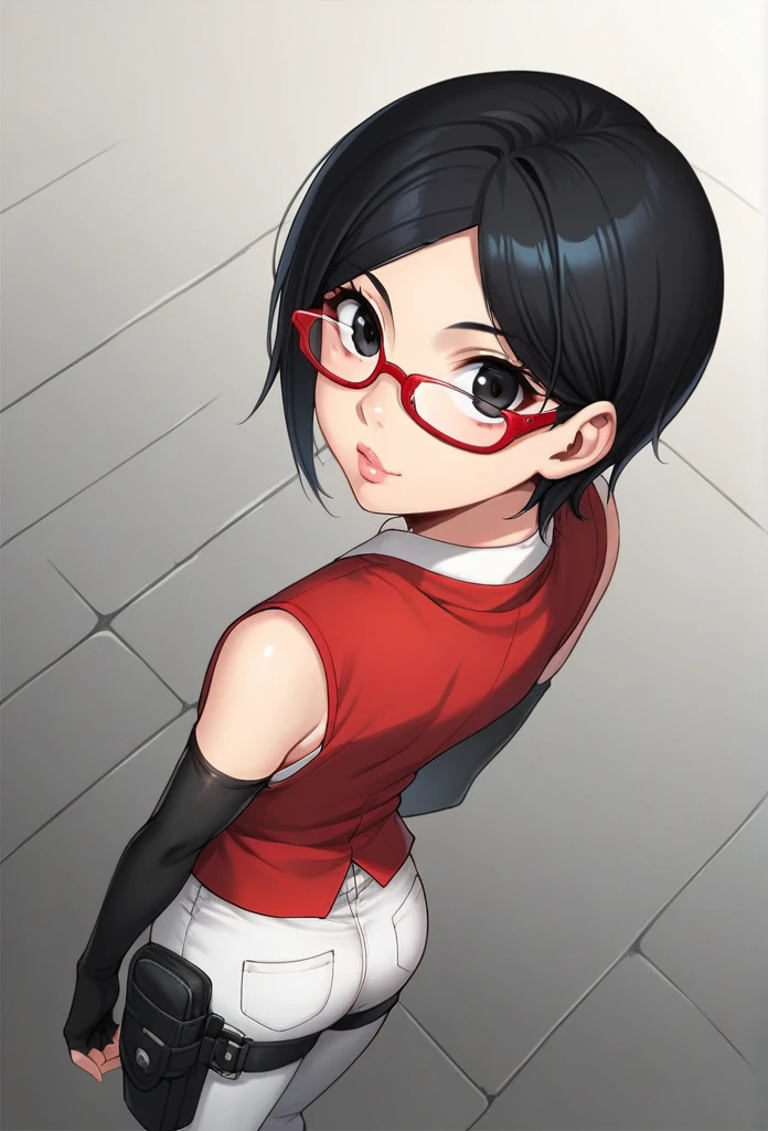 score_9_above, score_8_above, score_7_above, score_6_above, score_5_above, score_4_above, ,zPDXL2, Alone,  classification _safe,  perfect face ,  perfect eyes, BBC_Chan style , Sarada Uchiha, Alone, 1 girl,  black hair ,  short hair, Red-framed glasses, glasses,  black eyes ,red dress, sleeveless,  elbow gloves ,  black gloves,  Fingerless Gloves, white pants,  tall black stockings, Thigh Holster,  Side view , big round buttock , curvy ass , road to Konohagakure village, flat chest, full lips