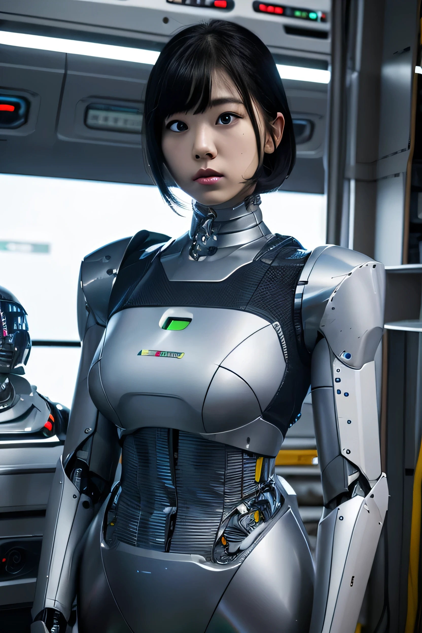 masterpiece, Highest quality, Very detailed, Japaese アンDroid girl,Portraiture,Plump,Thick,Control panel,アンDroid,Droid,Mechanical Hand, robotの腕と脚, Black Hair,Blunt bangs,perfect robot girl,Long tube,A thick cable was attached to her neck.,アンDroid,robot,humanoid,cyborg,japanese cyborg girl ,robot-assembly plant,She is now assembling,Assembly scene,Chubby,Squat
