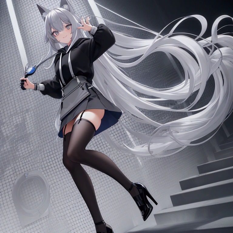 A wolf girl standing in front a school while use a gun