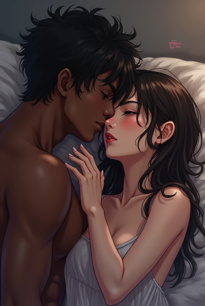 score_9, score_8_up, score_7_up, 1 girl, (dark skinned:1.5), sex position, (kissing a white bo, blushing, bedroom background, naked, black eyes, long black hair