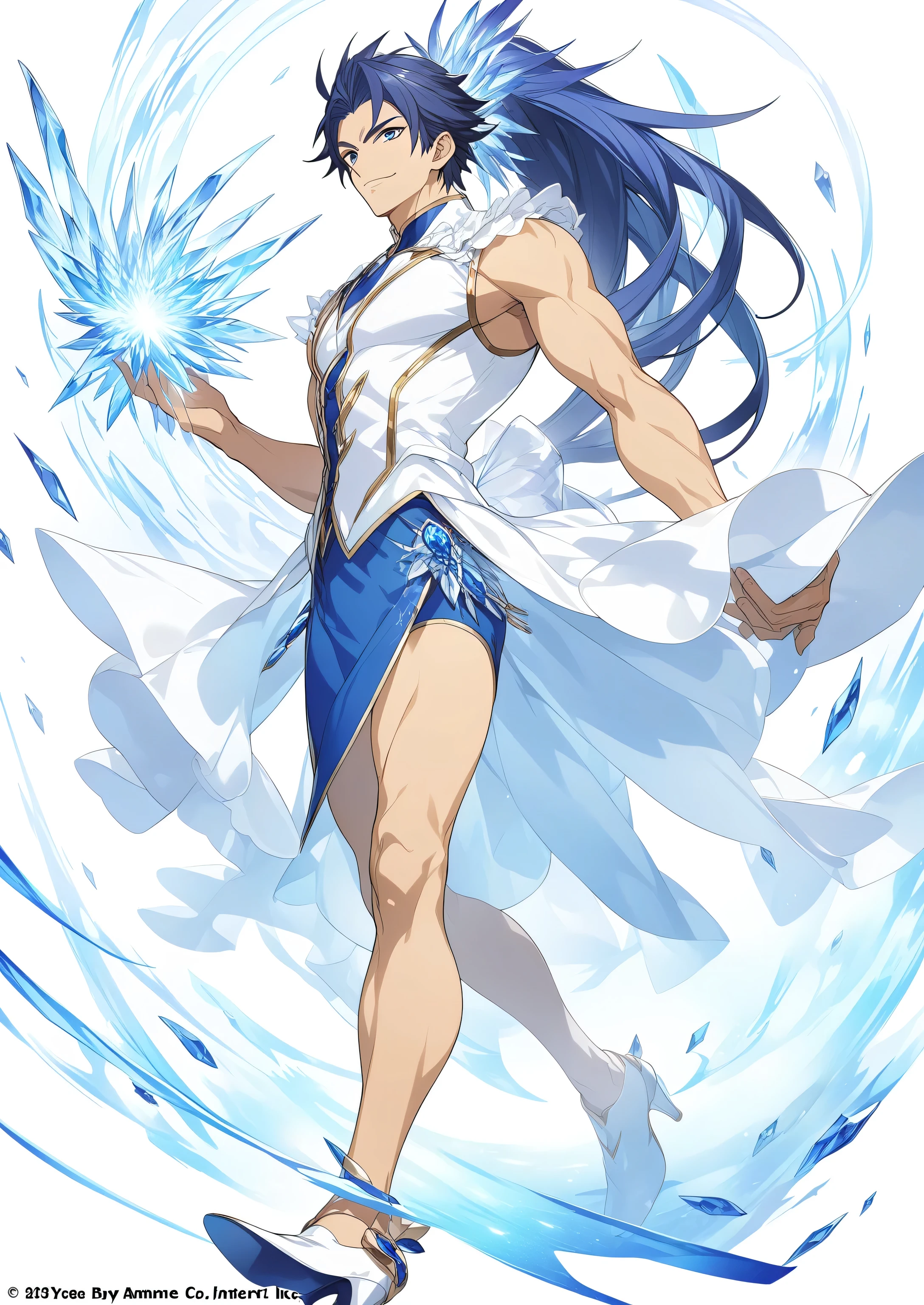 score 9 、score 8 up、score 7 up、1boy、 Boy with Blue Hair 、 Close Up of an Anime Male Character、Alone、portrait of Magic Boy、 Boy in a White and Blue Dress 、Long Legged 、Heavenly Aura、Ice Aura、White and blue mini skirt、Bare Arms、Bare legs、Bare thighs、White high heels、 Symphogear Flavor 、 Long Dark Blue Haired Boy 、high ponytail hair、 Prince of Sapphire 、 Official Character Art 、style of Magic Boy、Magic Boy、 Anime Boy 、 official art、 high resolution on down、perfect costume、manly、sparkling Magic Boy、 With Shining Blue Eyes 、perfect body、perfect hands、perfect arms、perfect legs、(male body:1.3)、manly face、