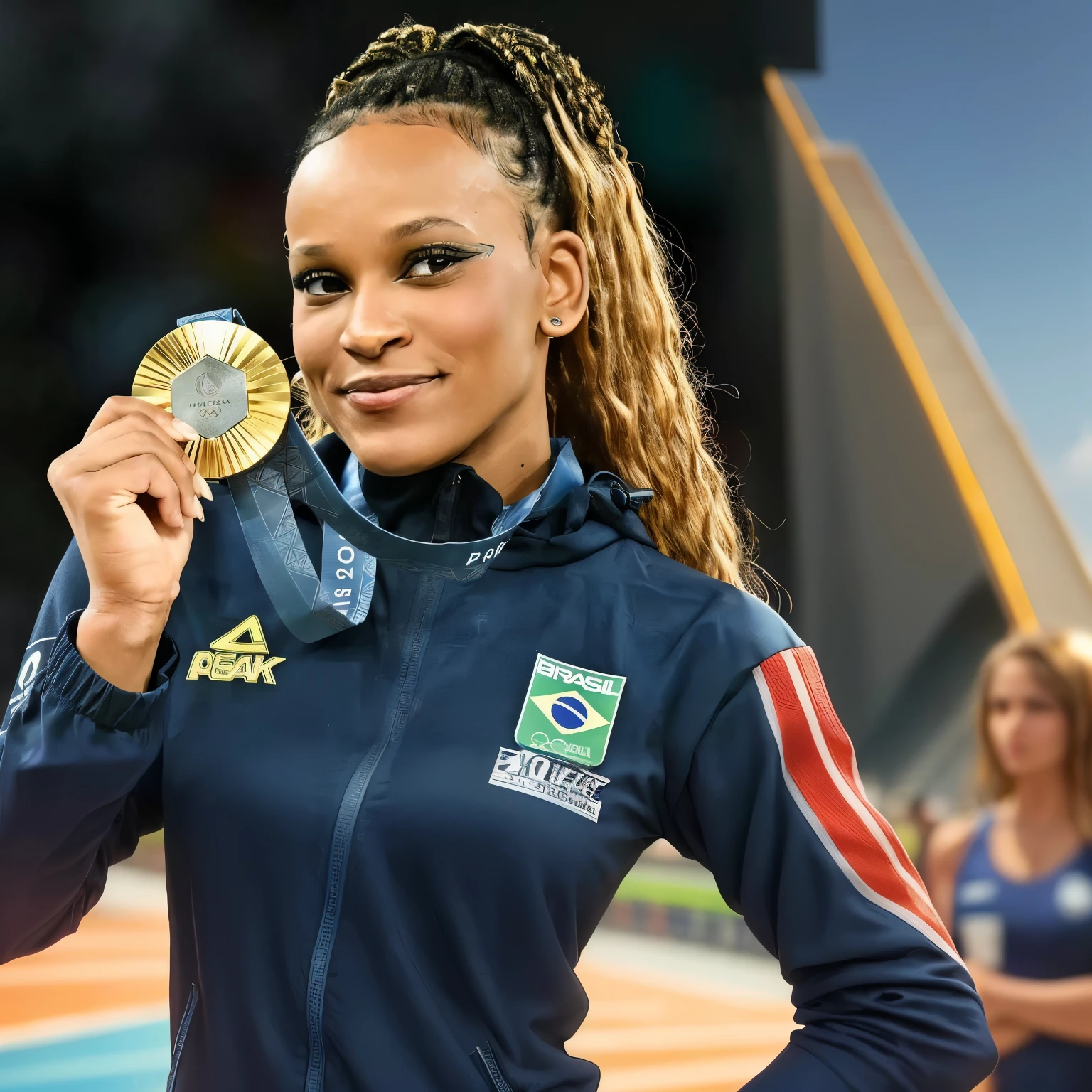 Brazilian athlete, light black, hair stuck. Ginásta. With a gold medal around his neck celebrating. She wears a yellow and blue leotard. Brazilian flag in the background 