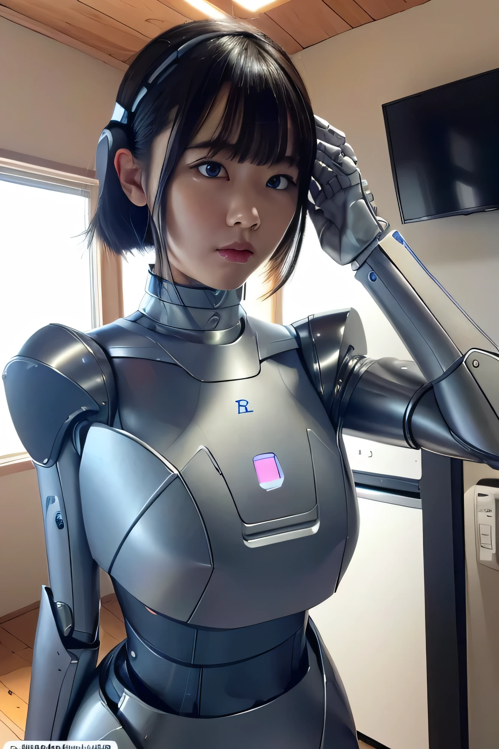 masterpiece, best quality, extremely detailed, Japaese android girl,Plump ,control panels,android,Droid,Mechanical Hand, Robot arms and legs,Blunt bangs,perfect robot girl,long tube,thick cable connected her neck,android,robot,humanoid,cyborg,japanese cyborg girl ,robot-assembly plant,She has assembled now,assembly scene,chest monitor,blue eyes