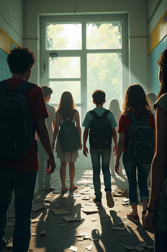 7 School students surrounded by scary zombies with blood on outside the school 
