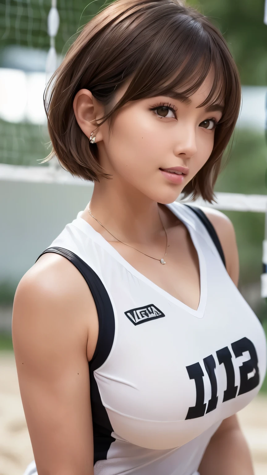 (8K, High level image quality, high quality, High resolution, masterpiece), Two Japanese beautiful Gal:1.4, High resolution, Super detailed, Highly detailed CG Unity 8K wallpaper, realistic, photo-realistic, RAW photo,  beautiful detailed face, white skin, realistic skin, fine cloth texture, detailed hair texture, perfect proportions, beautiful face, Accurate, anatomically correct, Highly detailed face and skin texture, natural neck length, (beautiful hand air skin:1.4), sexy thighs, fine eyes, symmetrical eyes, light brown eyes, double eyelid, thin eyebrows, (glossy lips:1.4), (embarrassing smile:1.4), Bright and shiny lips, Keep staring at me, (classy and cute girl:1.4), (short hair volleyball player, Cute Volleyball Uniforms:1.4), earrings, chain necklace, (big breasts:1.4), (pretty big hip:1.4), (beautiful curves), 18 years old, (dark brown hair, wavy hair), ((short hair, asymmetrical bangs:1.2)), (Look up at the viewer with their gaze:1.4), volleyball court is the background, From the front:1.3