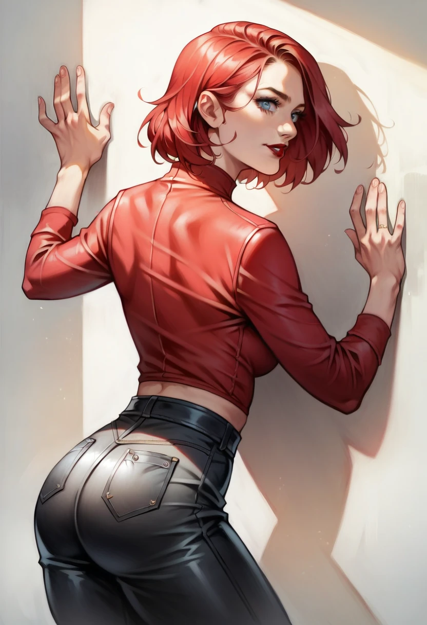 (Masterpiece, Best Quality, High Quality),(NSFW:1.3),Nishikino maki, Red hair, purple eyes, cowboy shot,low waisted pants, tight ,(sweater crop top), (sexy stomach), detailed belly, midriff, big breasts,looking at viewer,  earrings,in street