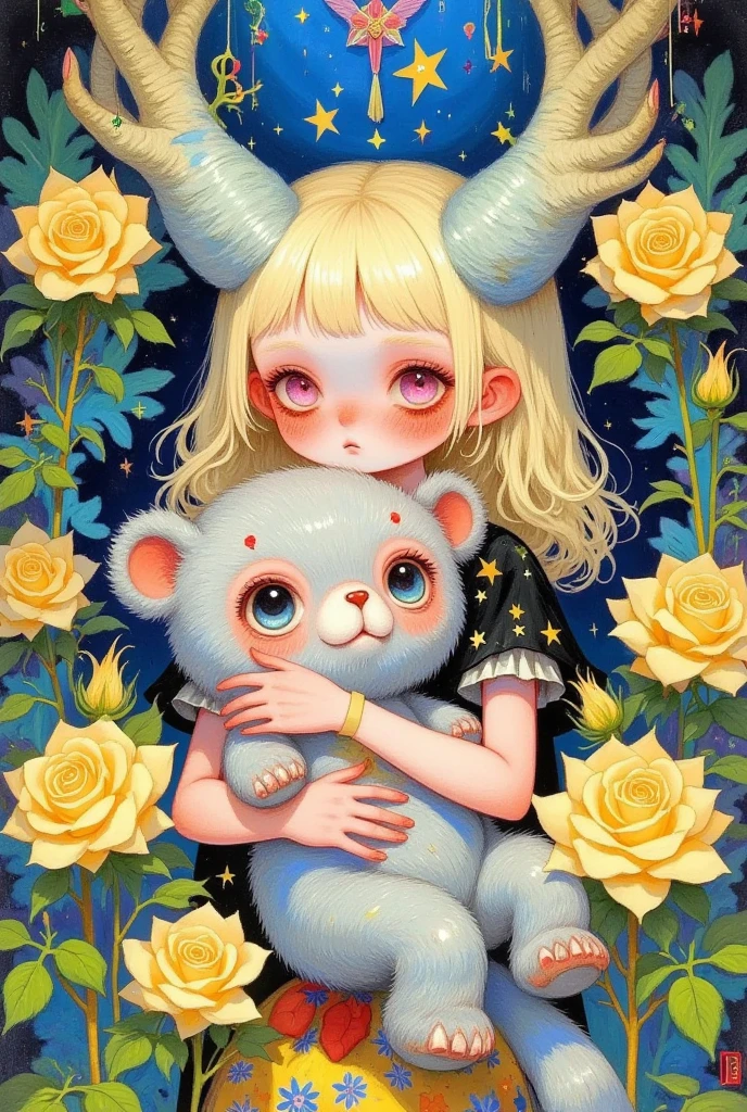 blond haired girl with a teddy bear surrounded by Yellow Roses, Change,  Official Works , Lovely art style, pixiv, author：Kojima Ayami,  high quality doujinshi of foreign male characters, Watercolor illustration style, Yellowing, By Yumi, pixiv style, Yellow Rose, 由 Muqi, Official Fan Art,  detailed fan art , Anime Cover,  A beautiful art illustration 