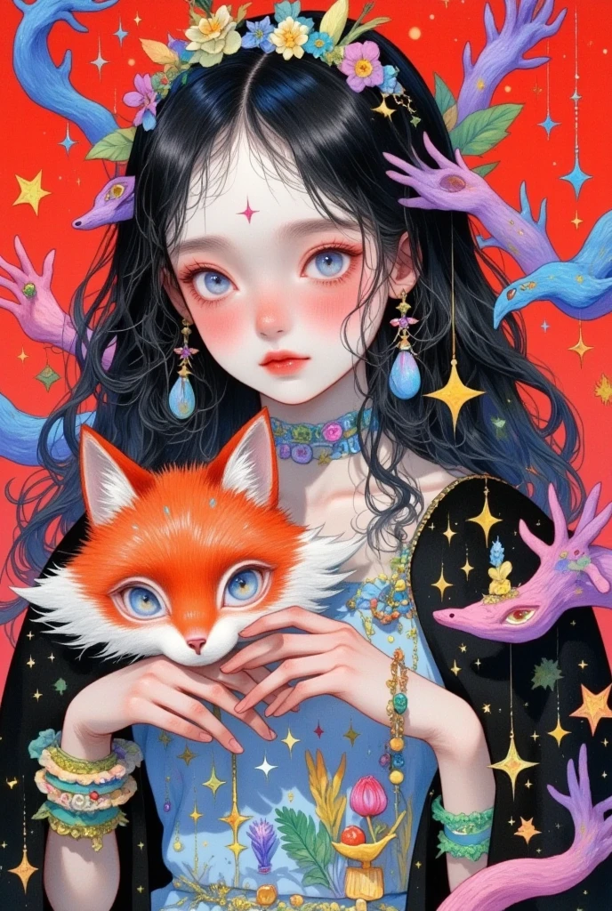 1girl, animal, biting, black hair, blood, blue eyes, blue hair, blush, brown hair, facial mark, facial tattoo, forehead mark, fox mask, holding mask, jewelry, long hair, looking at viewer, mask, mask on head, mask removed, parted lips, red background, short hair, smile, solo, star \(symbol\), star hair ornament, starry background, string, string of fate, upper body