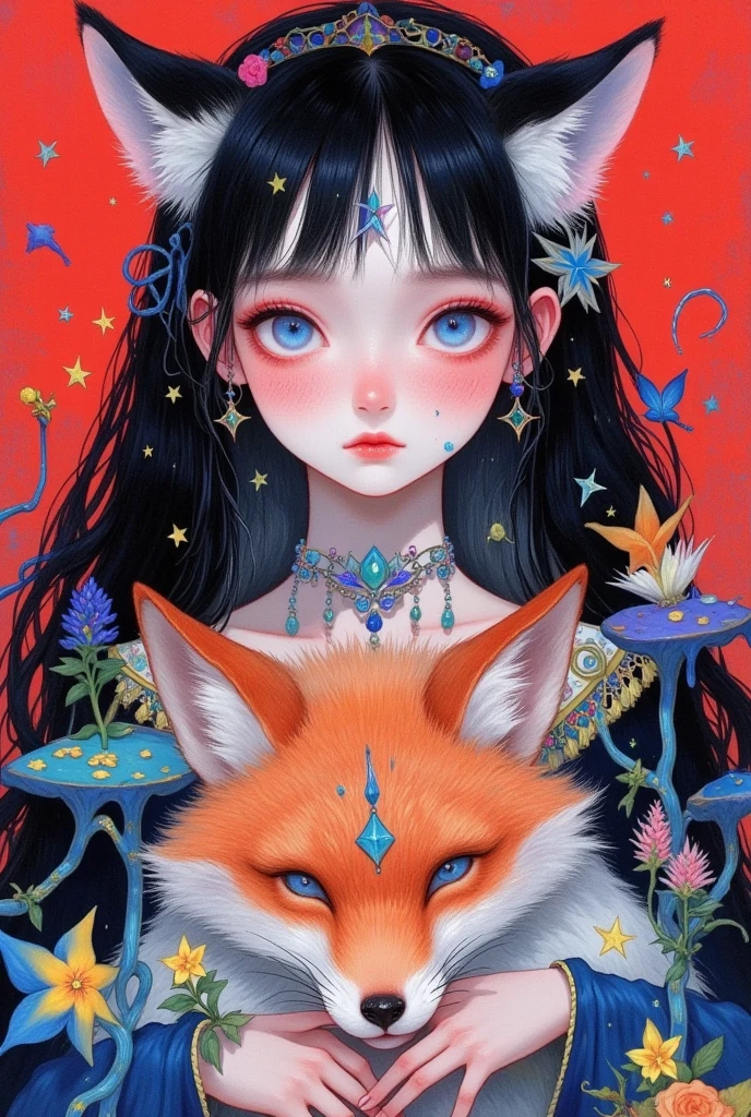 1girl, animal, biting, black hair, blood, blue eyes, blue hair, blush, brown hair, facial mark, facial tattoo, forehead mark, fox mask, holding mask, jewelry, long hair, looking at viewer, mask, mask on head, mask removed, parted lips, red background, short hair, smile, solo, star \(symbol\), star hair ornament, starry background, string, string of fate, upper body