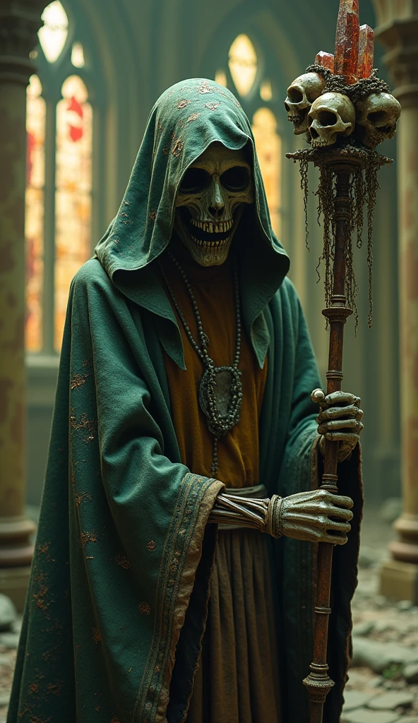 The Soulless Acolyte ": A hunched figure , dressed in a ruined priest's robe , decorated with bloody arcane symbols . The skin is pale, almost greenish , with deep scars forming ancient runes . In place of the eyes , } two empty cavities that shine with a greenish, malevolent light . The mouth is stitched with rustic and rusty threads , but still lets out a faint ghostly whisper . Bone hands holding a staff ornamented with skulls and crystals corrupted by dark energy. The background shows an ancient Gothic cathedral in ruins , with broken stained glass and a yellowish light filtering through the air .