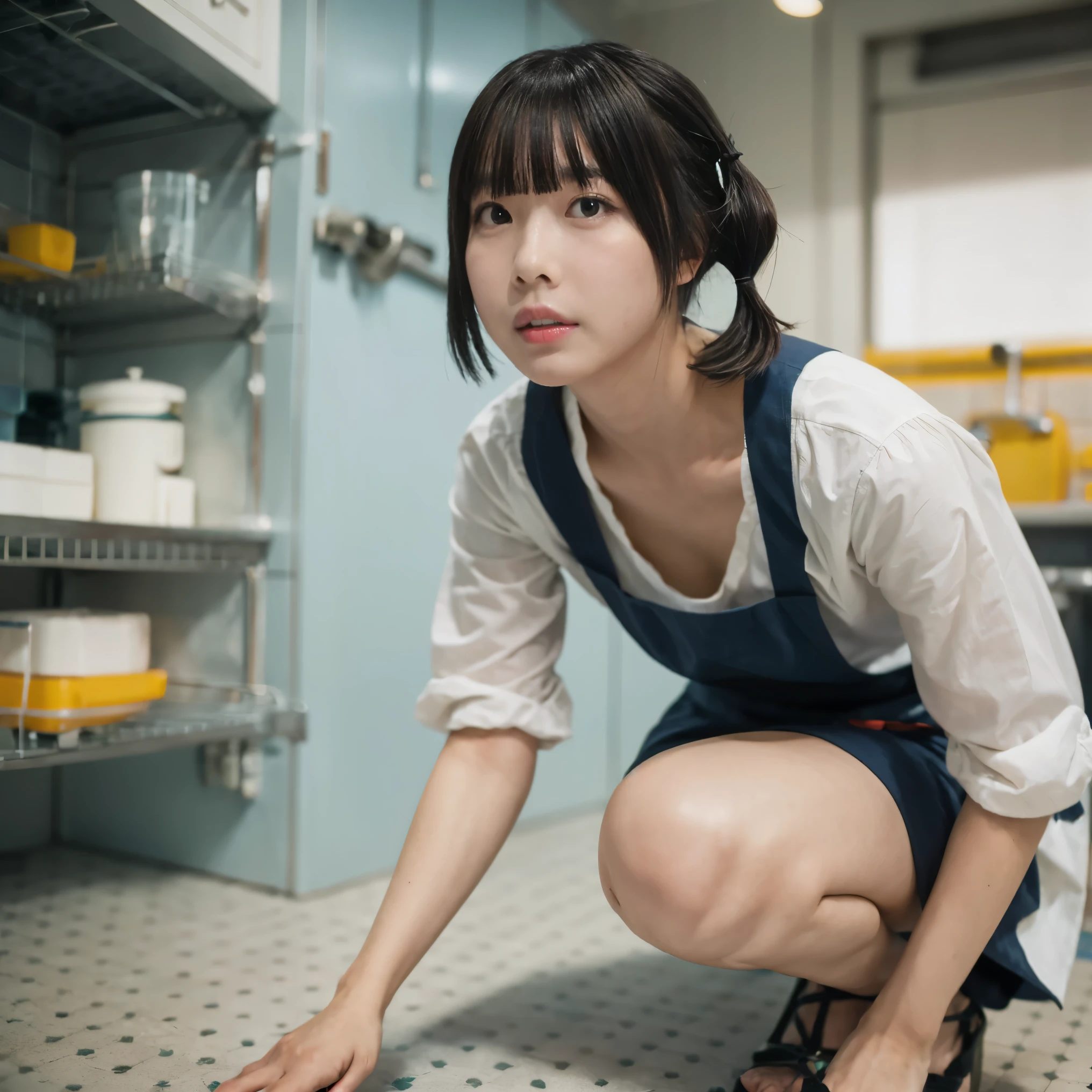 ((masterpiece,best quailluminationy 1.4)), (8k, RAW photos from the last century:1.2), (Realistic,photo Realistic:1.4), Ultra High Definition , ( Highly Detailed 8K Wallpaper ) ,Japanese Idols, Japanese actress, Japanese, very cute, Big Eyes, Highly detailed eyes and face, Beautiful Eyes in Every Detail ,shiny skin,Portraiture,( Very Short Bob:1.2),( Twin Tails:1.3) ,(toilet 1.2),illumination, sharp concentration, written boundary depth , ( angle looking up from the floor:1.4 ). blur background , Bokeh, (apron:1.3) ,Sunlit toilet , is crouching, holding a cell phone