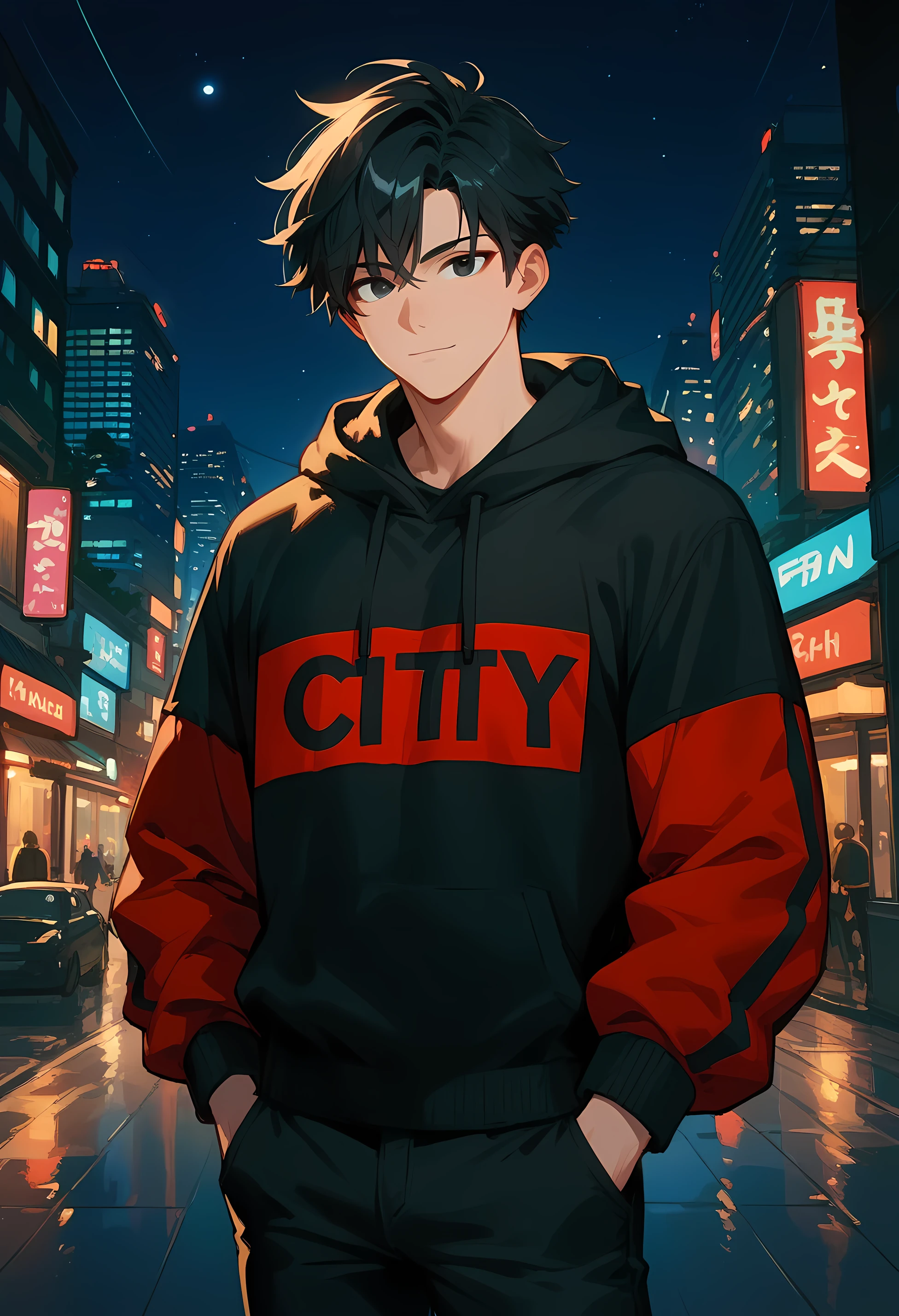 One boy black hair black eyes, wearing Red and Black hoodie , black pants,solo, in night city,