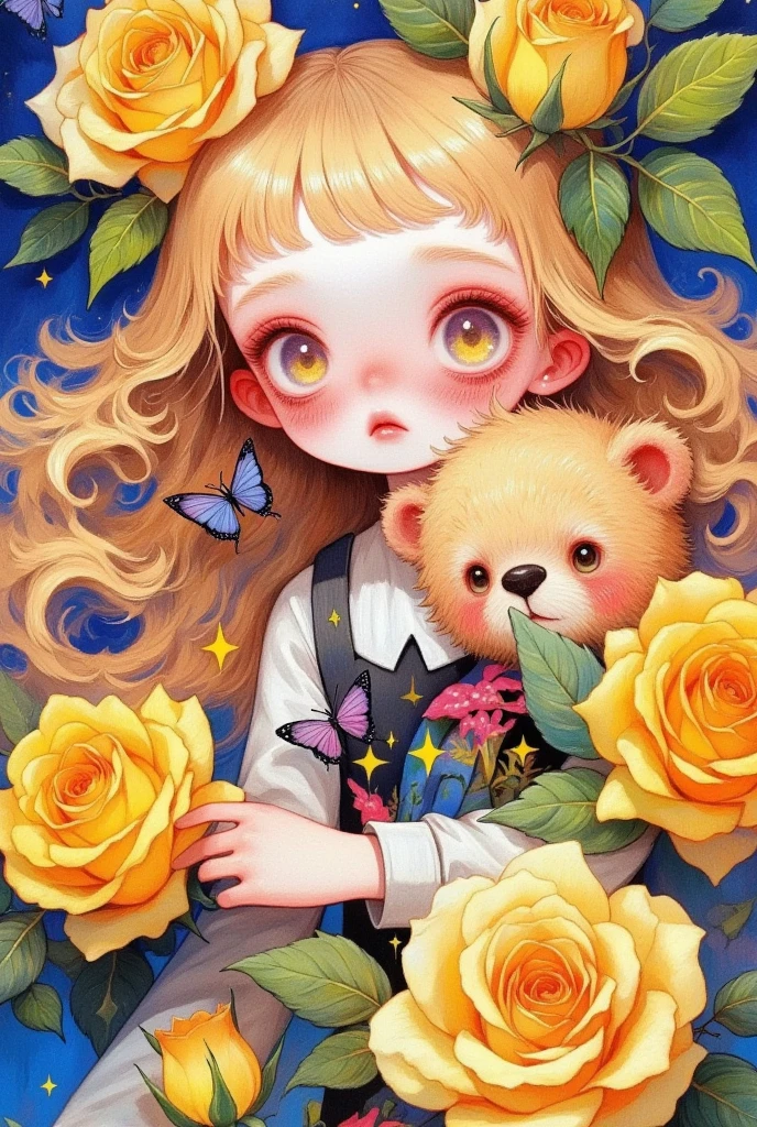 blond haired girl with a teddy bear surrounded by Yellow Roses, 小岛彩美的专辑封面, pixiv, Rococo, Change,  Official Works , Lovely art style,  high quality doujinshi of foreign male characters, Watercolor illustration style, Yellowing, pixiv style, Yellow Rose, Official Fan Art,  detailed fan art , Anime Cover,  A beautiful art illustration ,  beautiful anime style , Moe