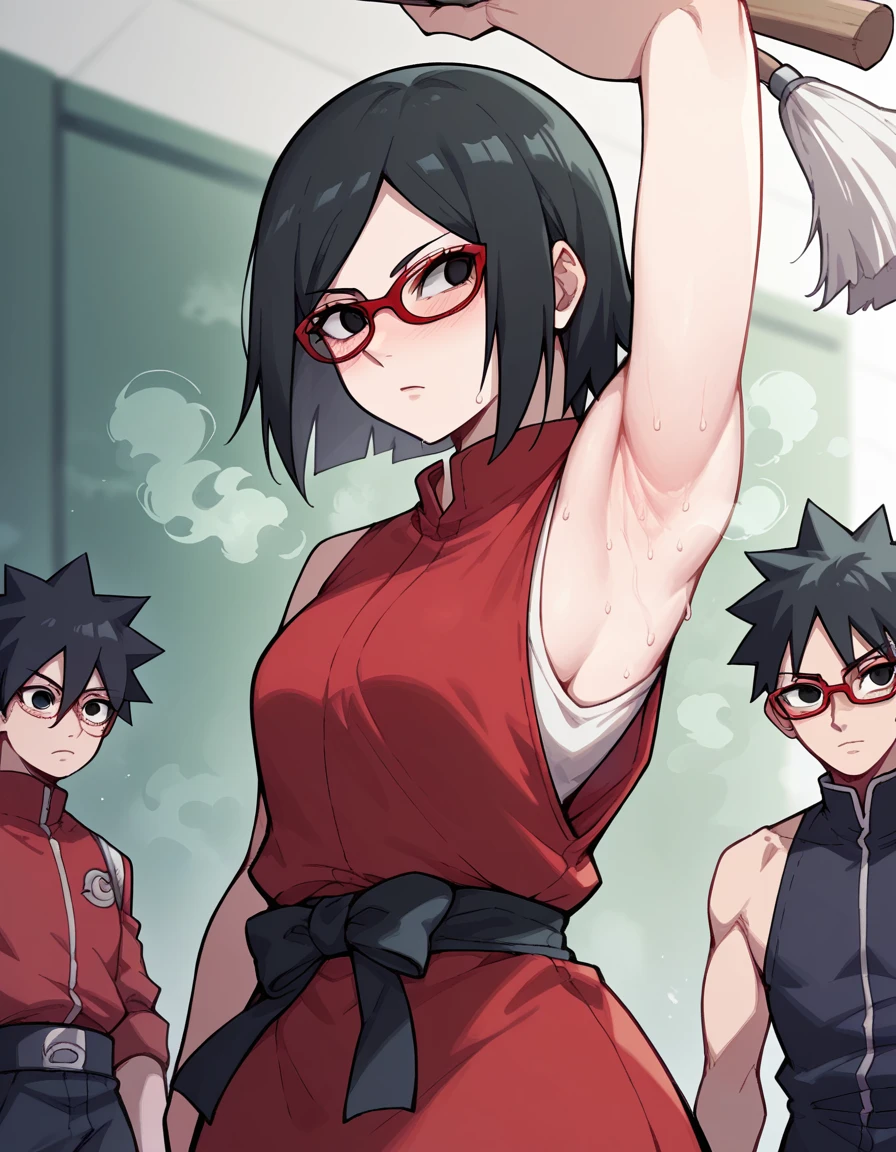  anime art style,sarada uchiha,  short hair,  Black Hair , (black eyes:1.5), Red-rimmed glasses, Glasses,   sweep bang,(Armpit:1.3)，(steam，steamimg:1.1)，  red dress ,halcon ,