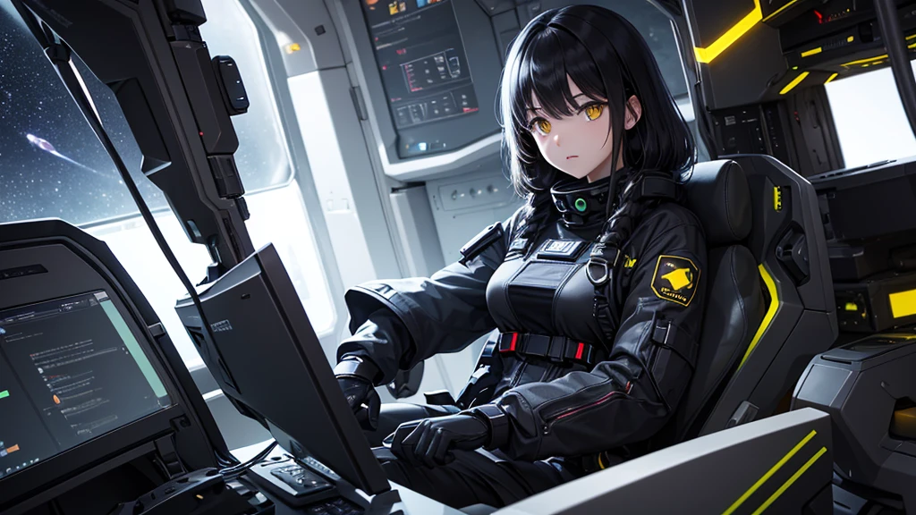 (Four Fingers to One Thumb Ratio :1. 6),Four Fingers to One Thumb Best Ratio,High Detail,Realistic,Cinematic Angle,(Remote View:1.9),Compatibility Between hairstyle and face shape, clear finger details, clear object details, clear environmental details, adult, modestly dressed woman, (covered clothes: 1.8), small body, black hair, ( Black straight face braids: 1.5), (2 braids: 1.6), straight bob bangs, (red glasses: 1.5), (dark green eyes: 1.6), heaps, is Professor, white air force commander&#39;s uniform: 1.5, white senior officer&#39;s uniform: 1.5, scientist uniform, futuristic world, science fiction, fighter plane, fighter jet parking, government agency, deep intelligent personality, strict In discipline, (serious face: 1.7), war, fighter