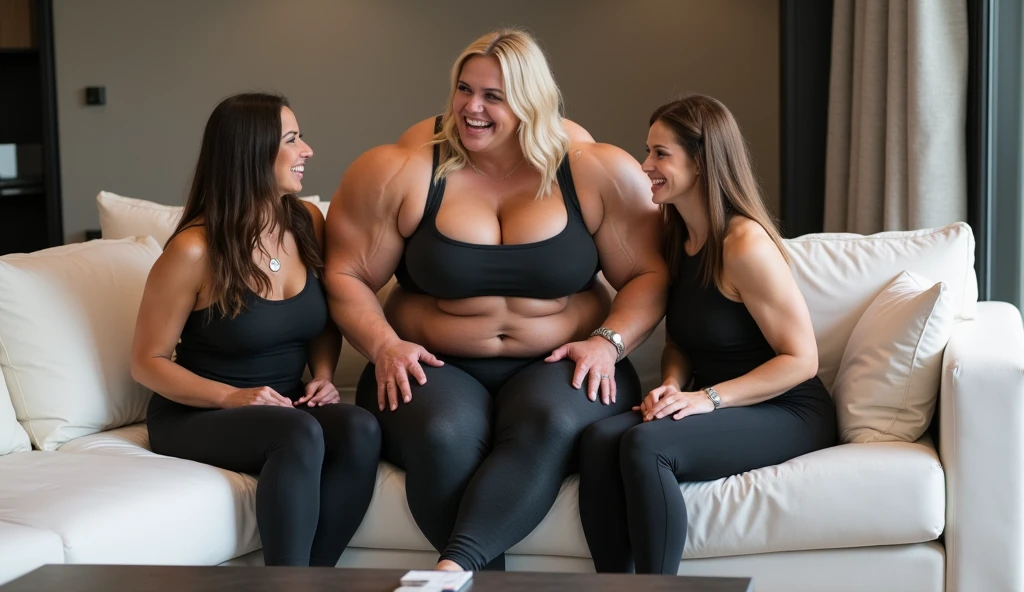 Amira Lahoud, a woman from France, 1.85 meters tall and extremely muscular, is sitting between two women in a modern and elegant room. Amira, with her imposing height and defined musculature, clearly stands out compared to the other two women, who are of average height, around 1.65 meters. The size difference is noticeable as Amira, with her robust figure and muscular body, appears significantly taller and stronger than the other women, who, although beautiful and well-dressed, seem small beside her.

The two women beside her are sitting on a white, minimalist-designed sofa, while Amira, in the center, sits with a relaxed yet dominant pose. Despite the height difference, the three women are chatting and laughing, showing a scene of camaraderie. The contrast between Amira and her companions is further emphasized by her tight clothing: a tank top and athletic pants that highlight her athletic physique. The room is softly lit, creating a cozy atmosphere that accentuates Amira's presence in the center of the scene.