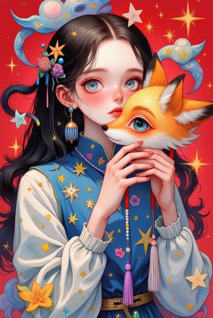 1girl, blood, blue eyes, blush, brown hair, chinese clothes, eyelashes, fingernails, fox mask, holding mask, jewelry, lips, long hair, long sleeves, looking at viewer, makeup, mask, mask on head, mask removed, red background, ribbon, shirt, solo, star \(symbol\), star hair ornament, star print, starry background, string, string of fate, tassel, untied, upper body