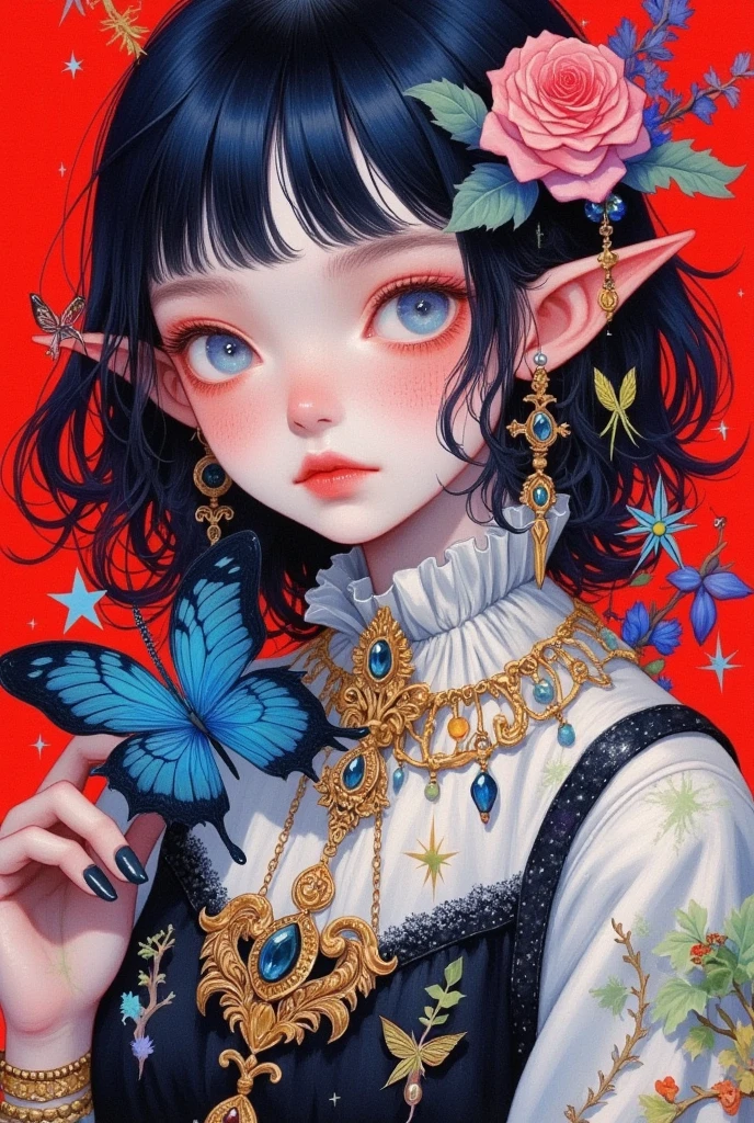 1girl, bangs, black hair, black nails, blue eyes, blue hair, closed mouth, dress, ear piercing, earrings, fangs, fingernails, flower, frills, jewelry, long fingernails, long sleeves, looking at viewer, nail polish, piercing, pointy ears, red background, ring, short hair, smile, solo, teeth, upper body