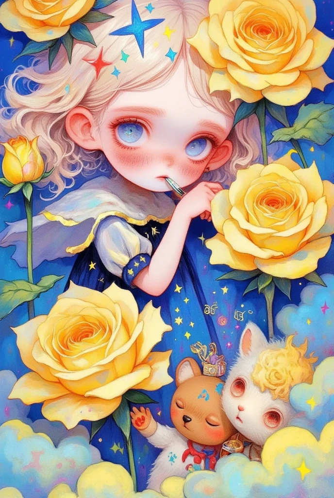 blond haired girl with a teddy bear surrounded by Yellow Roses, Change,  Official Works , Lovely art style, pixiv, author：Kojima Ayami,  high quality doujinshi of foreign male characters, Watercolor illustration style, Yellowing, By Yumi, pixiv style, Yellow Rose, 由 Muqi, Official Fan Art,  detailed fan art , Anime Cover,  A beautiful art illustration 