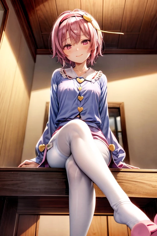 masutepiece, Best Quality, theme of looking at feet, komeiji satori
1girl,ahoge, pink hair,pink eyes,short hair,hairband, frilled shirt collar,blue shirt,pink skirt,floral print,long sleeves, wide sleeves, sleeves past wrists,(White tights:1.6),knit tights, wrinkle-free tights,heart ,Smile,(Eyes of Hearts),room background,Face during estrus、Courtship attitude、A slender,a closeup, full-face blush,heart-shaped pupils,(sitting crossed legs:1.3),show off feet sole ,(from below in celling:1.5),lovey