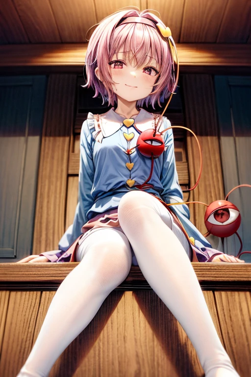 masutepiece, Best Quality, theme of looking at feet, komeiji satori
1girl,ahoge, pink hair,pink eyes,short hair,hairband, frilled shirt collar,blue shirt,pink skirt,floral print,long sleeves, wide sleeves, sleeves past wrists,(White tights:1.6),knit tights, wrinkle-free tights,heart ,Smile,(Eyes of Hearts),room background,Face during estrus、Courtship attitude、A slender,a closeup, full-face blush,heart-shaped pupils,(sitting crossed legs:1.3),show off feet sole ,(from below in celling:1.5),lovey