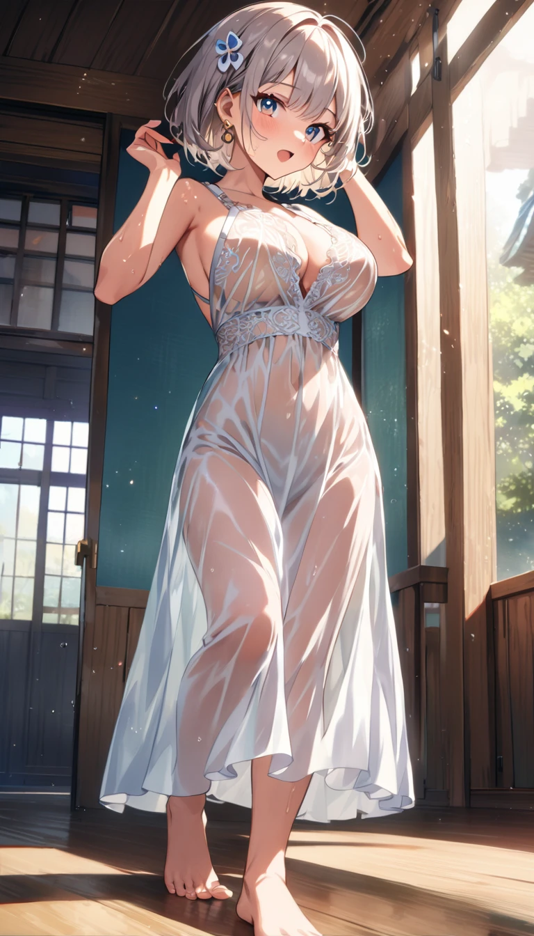 ((Masterpiece)), (((best quality))), hips wide open, ((blue colour eyes)), (((long brown hair))), (((shot White dress))), (()), (cute), (a face that looks sleepy), ((blue silk robe))