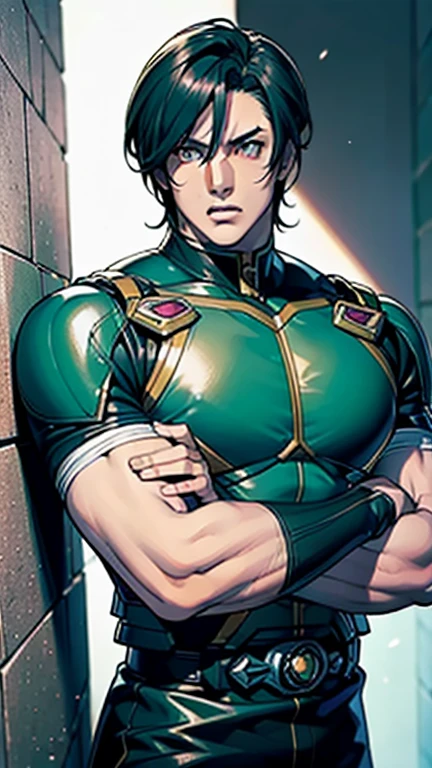  ( highest quality), ( highest quality), (Overall view)  A beautiful and sexy young Kamen Rider, Lean and muscular,  with a cool and handsome face, Sharp Eyes,,Kamen Rider cornered by a wall , raise both hands, Surrender pose,Frightened expression