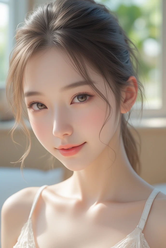 ((Best quality, 8k, Masterpiece :1.3)), 1girl, Pretty woman with emphasizing slender abs :1.3, (random hairstyles, Huge breasts :1.2), Casual outfit :1.2, Indoor, Ultra-detailed face, Detailed eyes, Double eyelid