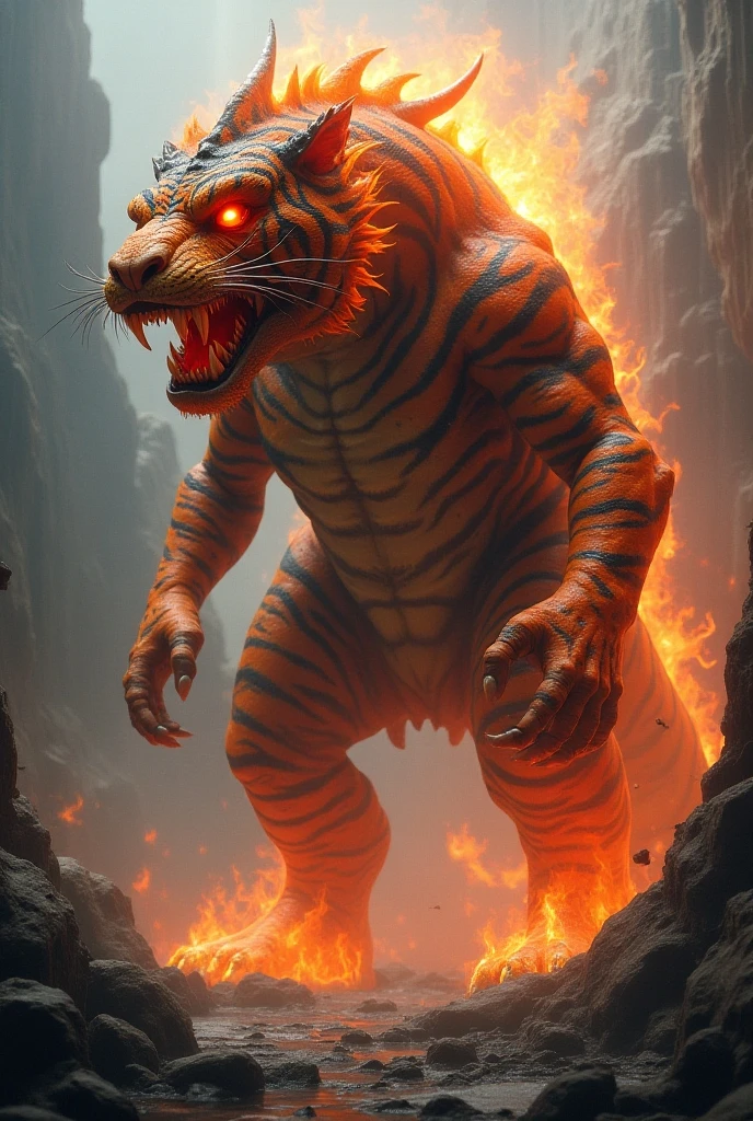 "Design a dragon and tiger with glowing eyes and intertwined scales and fur, exuding raw, terrifying power."