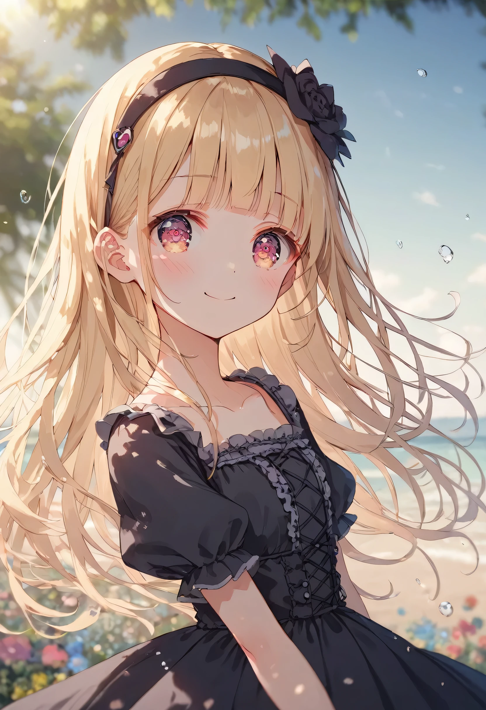 [   WAI-ANI-NSFW-PONYXL   :100],
score_9, score_8_up, score_7_up, score_6_up, score_5_up, score_4_up, masterpiece, best quality, source_anime,
alone,cute 1girl,(****:1.2),blonde hair,straight long hair,blunt bangs,Black ribbon hairband,pink eyes,blush, smile,( crowns、princess clothes 、 pretend gothic dress), pastel hues,walking in the seaside path,blurred edges,nostalgic mood,(dappled sunlight:1.2),blurry,(depth of field:1.1),Delicate rural landscape ,blue sky,arched back、 beautiful flower field on one side 、Look down and smile、 lift skirt 、(beautiful detailed eyes:1.7),Model pose