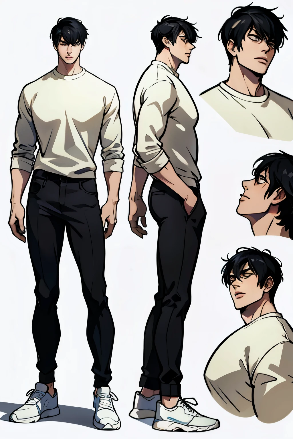 Character Sheet, Character Design, male, 20 years old, black hair, modern clothes, white sweater, black pants, white shoes, ((masterpiece)), 4K, 8K, 16K, UHD, Ultra HD, Ultra detailed