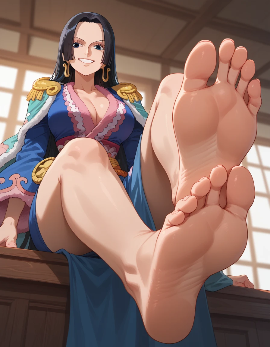 masterpiece, best quality, Boa_hancock (one piece) , smile, barefoot, footstomp, soles, toes, two feet, foreshortening, view from below, indoors, five toes