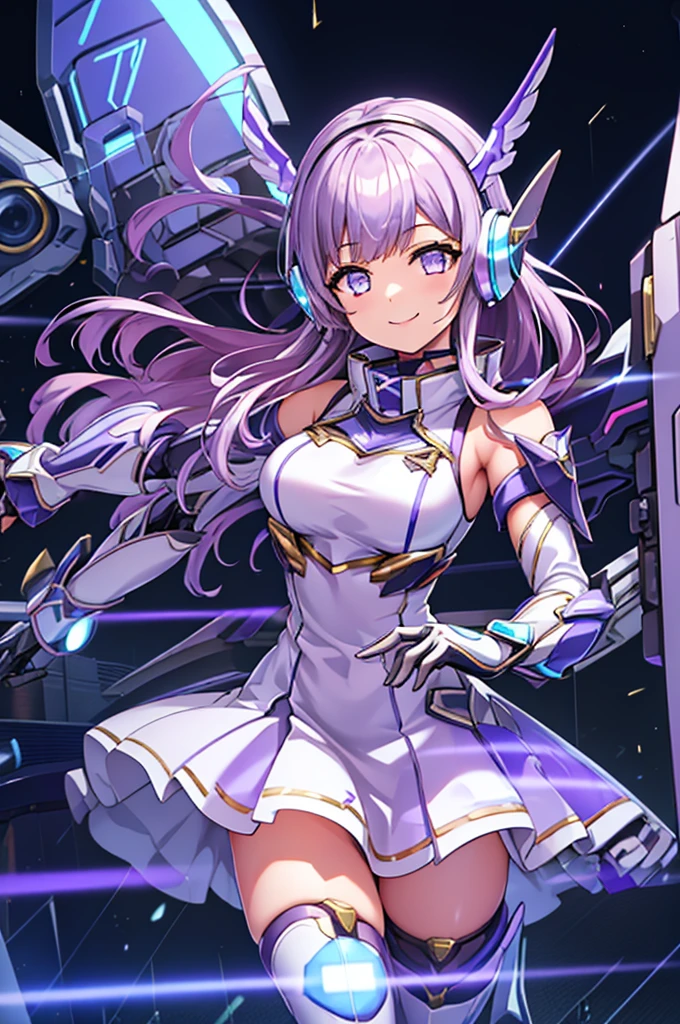 smile、smile、mecha wing、Thighs、tights、chest、shiny lilac hair、 1 girl、 solo girl 、income、 headphones、idol dress、 I have a sword、 has a shield、mecha girl、White mini skirt