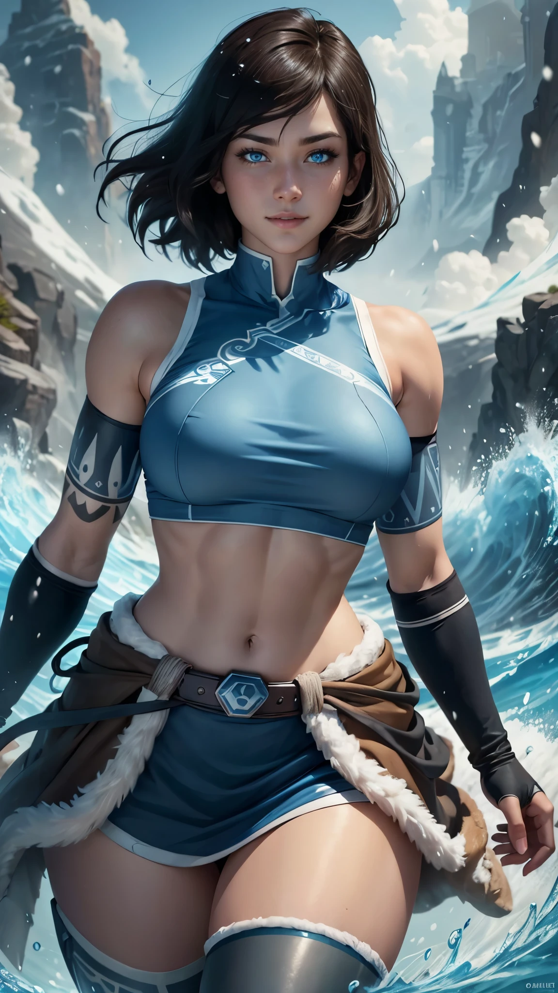 Korra da avatar,(best quality, 4K,8k,high resolution,work of art:1.2)(weather: snowing), tundra background, artic beach, wide hips, short straight hair, brown hair, freckles, sleeveless tribal top, fur belt, tight leggings, winter boots, elbow long gloves, light makeup, tribal tattoos, dark eyeshadow, blush, flirting pose, glowing eyes, ultra detailed,portrait,realistic,beautiful detailed blue eyes, beautiful detailed lips,extremely detailed eye and face, long eyelashes,average, large breasts,flying hair,beaming smile, sexy smile, powerful girl, bright coloured, dramatic lighting, water bending,