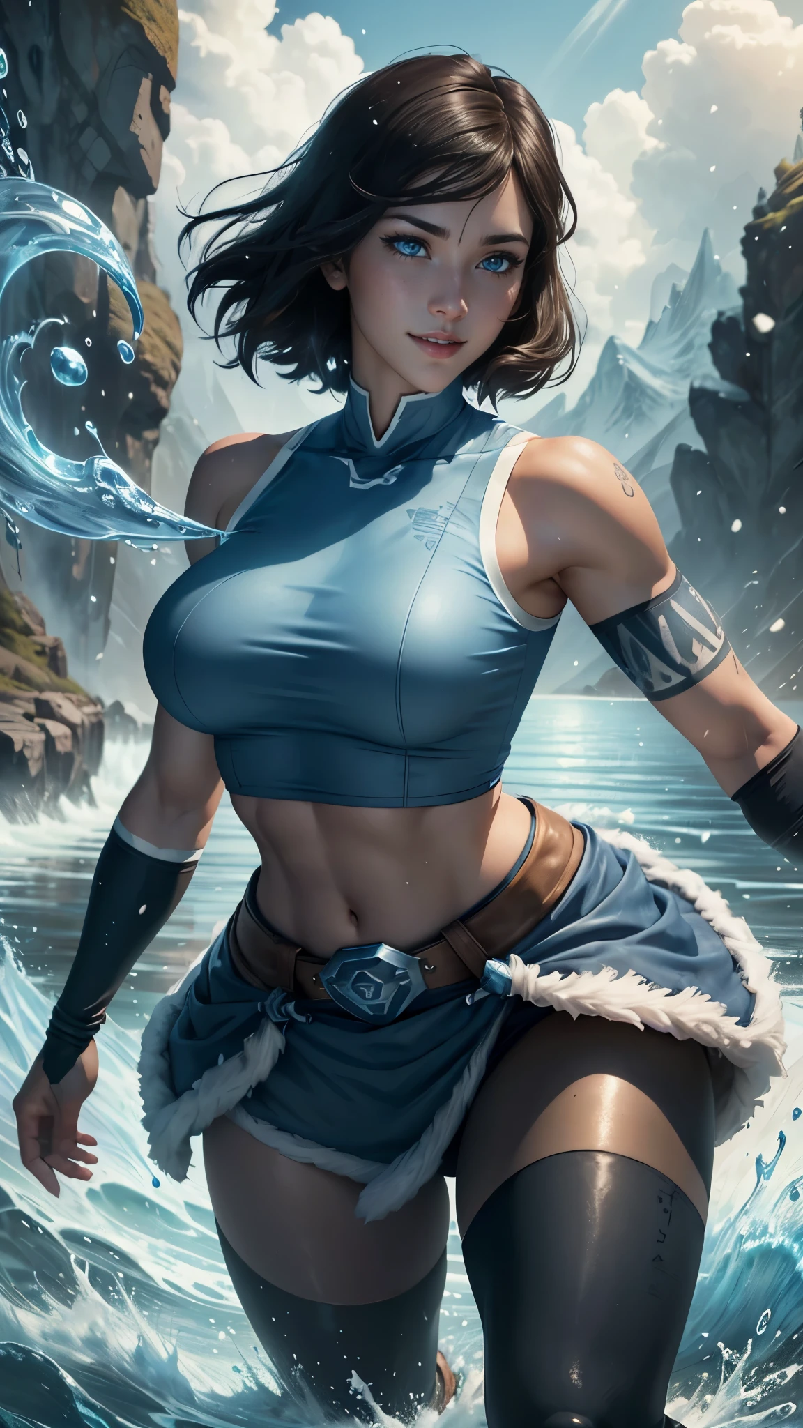 Korra da avatar,(best quality, 4K,8k,high resolution,work of art:1.2)(weather: snowing), tundra background, artic beach, wide hips, short straight hair, brown hair, freckles, sleeveless tribal top, fur belt, tight leggings, winter boots, elbow long gloves, light makeup, tribal tattoos, dark eyeshadow, blush, flirting pose, glowing eyes, ultra detailed,portrait,realistic,beautiful detailed blue eyes, beautiful detailed lips,extremely detailed eye and face, long eyelashes,average, large breasts,flying hair,beaming smile, sexy smile, powerful girl, bright coloured, dramatic lighting, water bending,