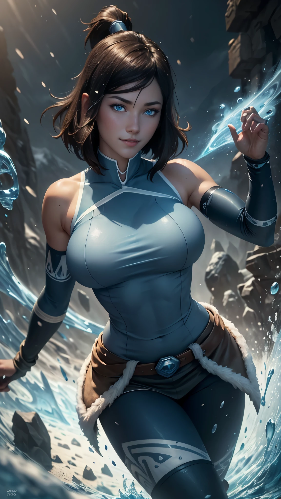 Korra da avatar,(best quality, 4K,8k,high resolution,work of art:1.2)(weather: snowing), tundra background, artic beach, wide hips, short straight hair, brown hair, freckles, sleeveless tribal top, fur belt, tight leggings, winter boots, elbow long gloves, light makeup, tribal tattoos, dark eyeshadow, blush, flirting pose, glowing eyes, ultra detailed,portrait,realistic,beautiful detailed blue eyes, beautiful detailed lips,extremely detailed eye and face, long eyelashes,average, large breasts,flying hair,beaming smile, sexy smile, powerful girl, bright coloured, dramatic lighting, water bending,