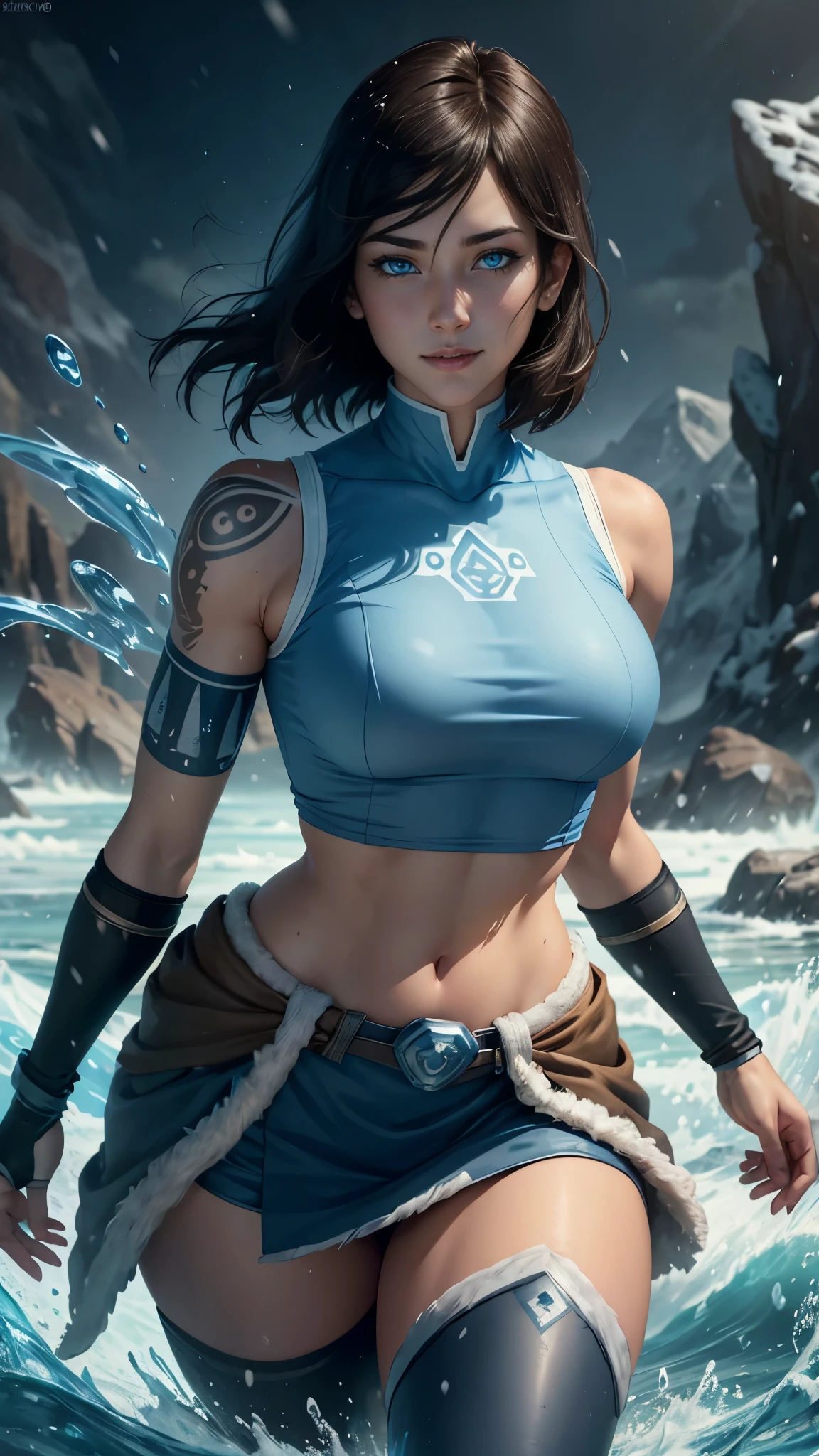 Korra da avatar,(best quality, 4K,8k,high resolution,work of art:1.2)(weather: snowing), tundra background, artic beach, wide hips, short straight hair, brown hair, freckles, sleeveless tribal top, fur belt, tight leggings, winter boots, elbow long gloves, light makeup, tribal tattoos, dark eyeshadow, blush, flirting pose, glowing eyes, ultra detailed,portrait,realistic,beautiful detailed blue eyes, beautiful detailed lips,extremely detailed eye and face, long eyelashes,average, large breasts,flying hair,beaming smile, sexy smile, powerful girl, bright coloured, dramatic lighting, water bending,