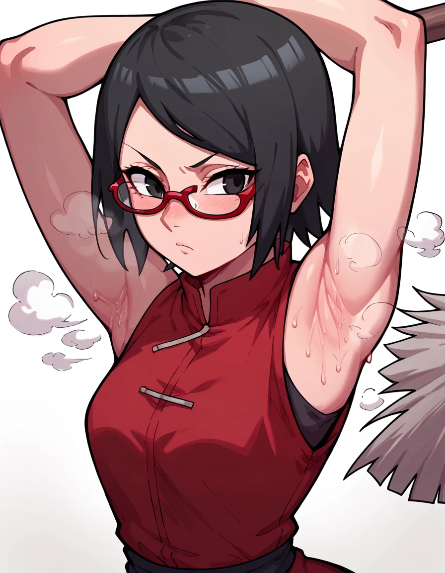  anime art style,sarada uchiha,  short hair,  Black Hair , (black eyes:1.5), Red-rimmed glasses, Glasses,  Sweep Bang,(Armpit:1.3)，(steam，steamimg:1.1)，  red dress ,halcon ,