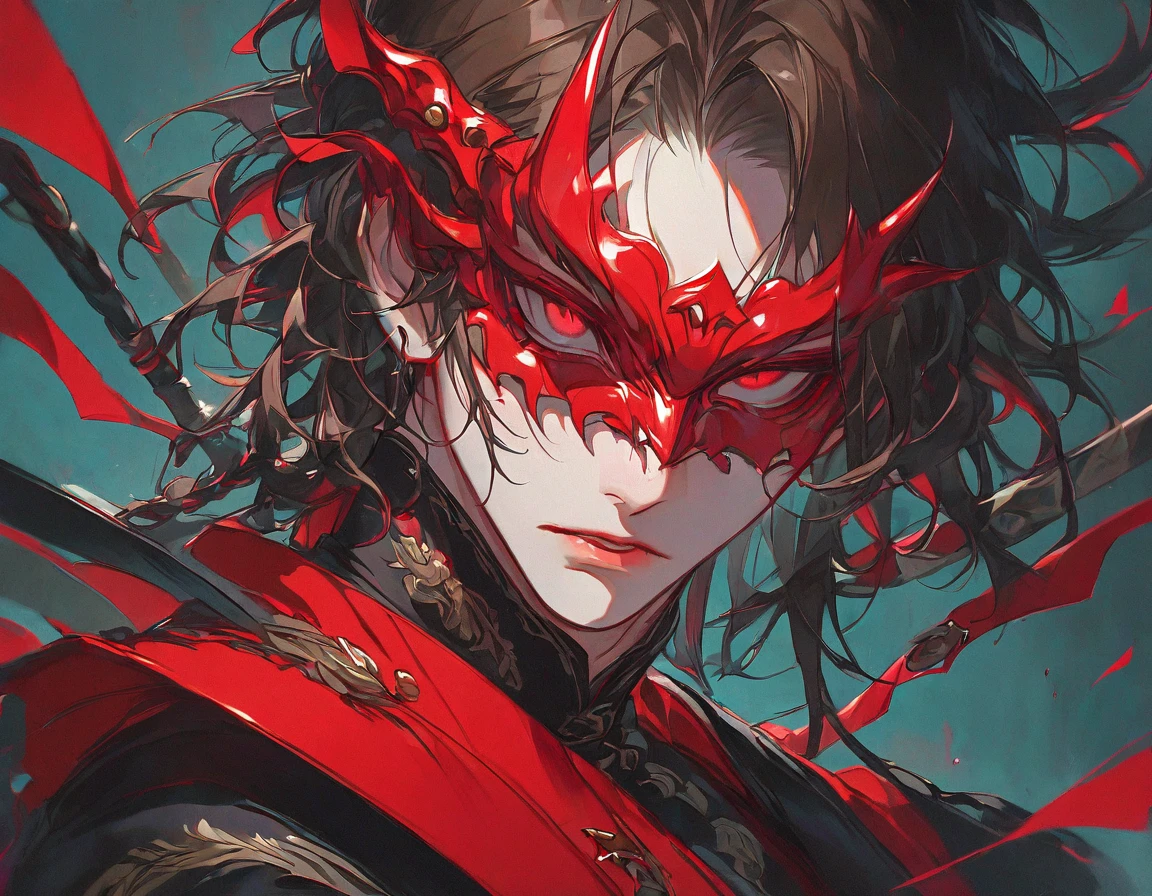 handsome man, brown hair, in red eyes , Pointed Tooth Mask,blood,Red Armor,cool,