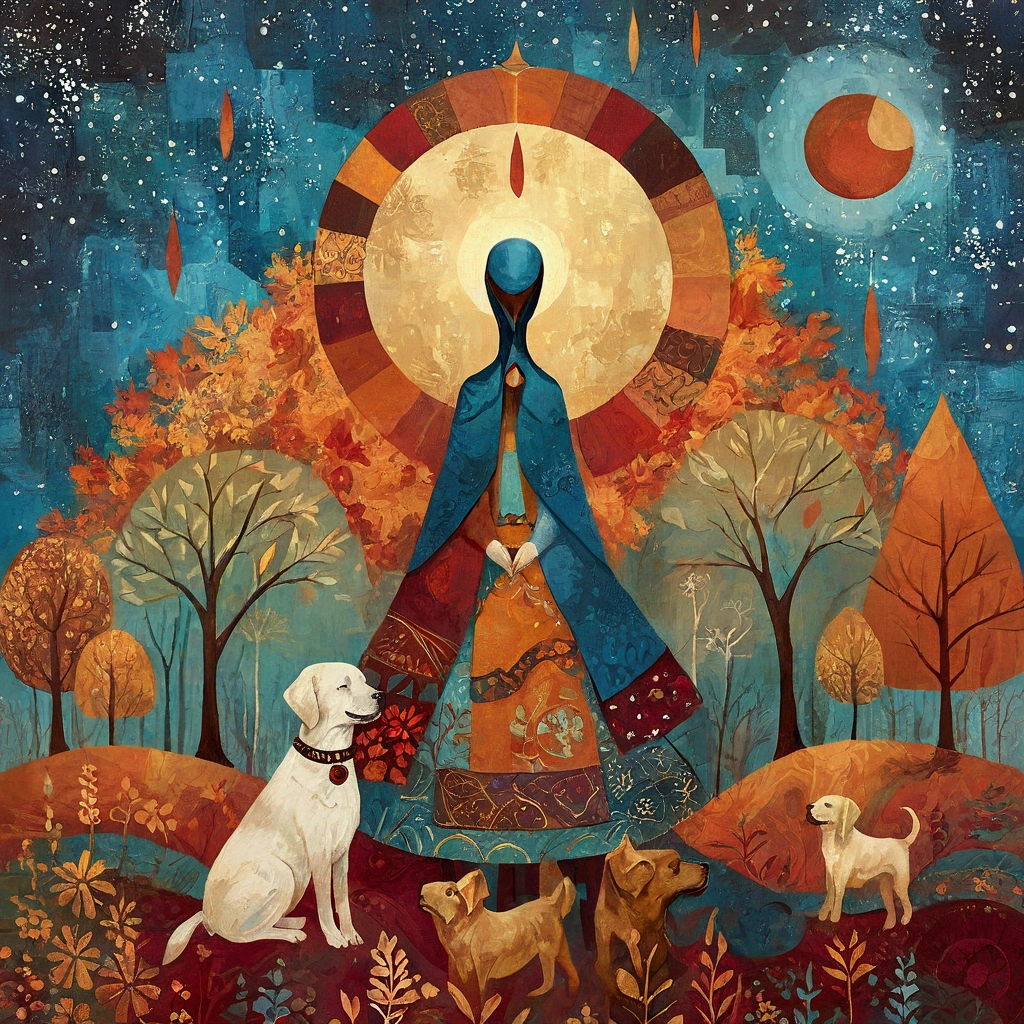 An illustration in the artistic manner of Laurel Burch, Sophie Wilkins, with skillfully dosed warm and cool colors, multicolored abstract bucolic landscapes, reminiscent of Golden Age illustrations, exuding sweet lyricism and romance. In a forest clearing in late autumn, a woman is sitting, together with her (brown) Labrador dog, on a large patchwork blanket. Behind her is a wide valley with high snow-capped mountains. Sky with irregular grunge rectangle pattern, sun disc in rectangles of different heights. Shades of colors, orange, red ochre, blue.
