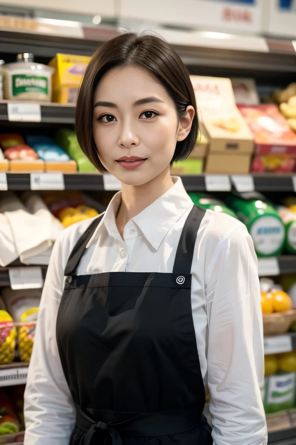 ((best quality, 8k wallpaper, 35 mm lens, highly realistic picture, high resolution, detailed face, detailed skin, anatomically correct, master piece)), (Beautiful Japanese woman working at a grocery store), 40 years old, black short bob hair style, smaller, small, delicate, small face, Thin face, Wrinkles around the eyes, (slim waist:1.3), (white button up shirt), (black apron), in a grocery store, 