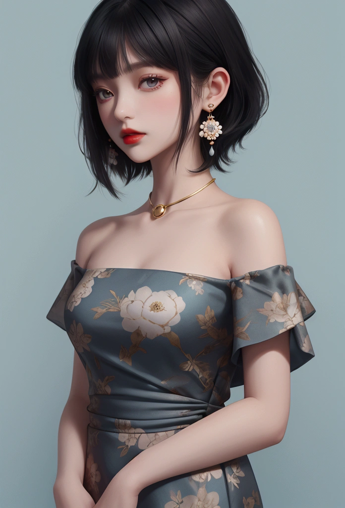 2D, NSFW, pastel color, watercolor paiting, 
linear art, 
ankymoore, 1girl in, Solo, Inner bob cut hair, Simple background, Black hair, Dress, Simple gold ring earrings with the same design on both ears, Upper body, flower, earrings, dull black eyes, Pale light blue dress, makeup, with floral pattern, lip stick,poppy, Red lips, print dress, Pale light blue background,