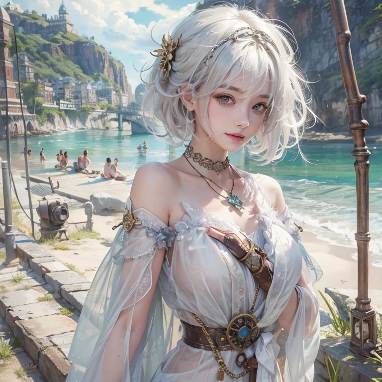 (masterpiece:1.3), (8k, Realistic, RAW Photos, Best image quality: 1.4), Fair-skinned fairy woman、Long Hair、Cleavage:2.0、Highly detailed face、Attention to detail、double eyelid、Chest to chest、Sharp focus:1.2、Beautiful woman:1.4、Silvery white hair、highest quality、masterpiece、超A high resolution、(Realistic:1.4)、Highly detailed and professionally lit smiles、Loose, Light, steampunk、Shoulders out、thin、Serious expression、Short-haired、Deadly position, one person、whole body,Walking on the beach、Gorgeous Necklace、