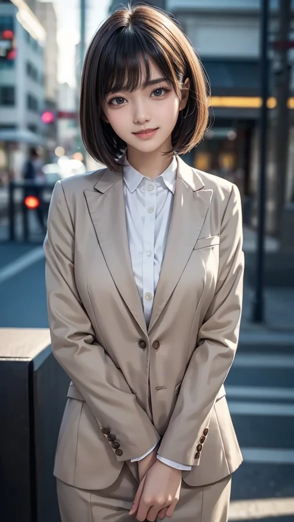 (masterpiece, best quality:1.2), 1girl, Alone, straight bob hair, Wear a business suit, (smile:1.3), upper half of the body