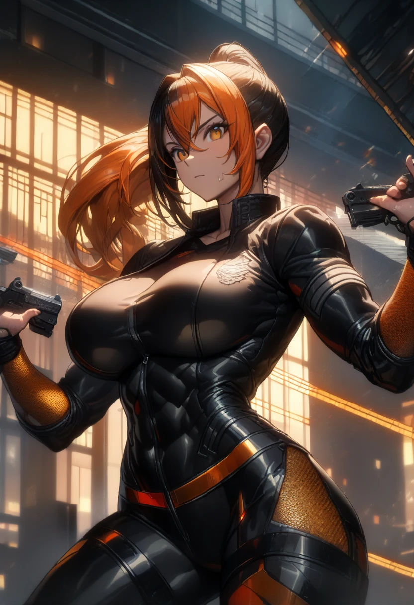 masterpiece,best quality,high resolution,8k,ultra HD,wallpaper,illustration,perfect face,cowboy shot,beautiful detailed eyes,extremely detailed face,perfect lighting,extremely detailed CG,perfect anatomy,perfect body,perfect hands,perfect fingers,1woman,full body,,muscle fighter body,(black long ponytail hair with orange mesh line hair:1.5),orange eyes,large breasts,Medium ass,,(blue open police jacket inner white shirt),black short hot pants,clothed,,collarbone,,looking at viewer,(single silver desert eagle),Steam,sweat, home,(Zenless Zone Zero character Zhu Yuan),adult,bring one's desert eagle to the ready,white bike riding gun shoot,