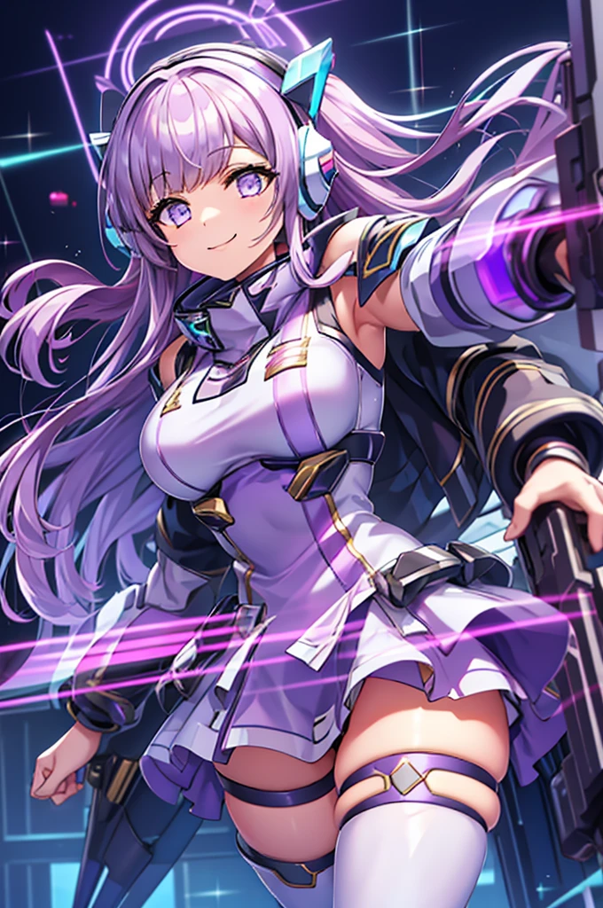 smile、smile、mecha wing、Thighs、tights、chest、shiny lilac hair、 1 girl、 solo girl 、income、 headphones、idol dress、Hund Gun 、 has a handgun、 has a shield、mecha girl、White mini skirt、 Cyber