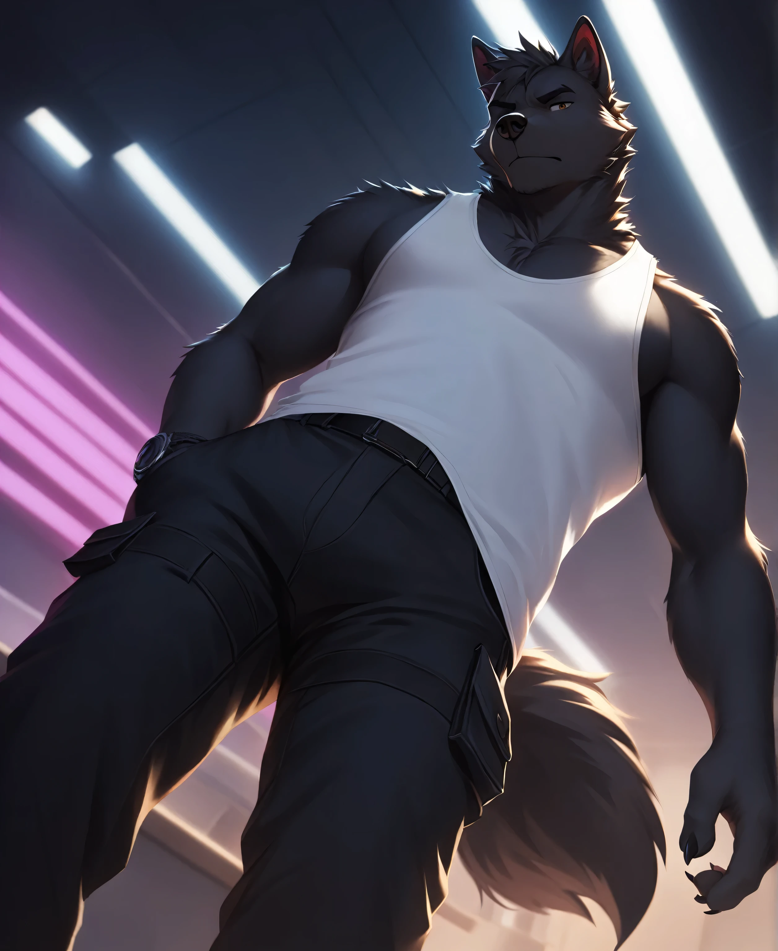 solo,furry,furry male,wolf,adult,black_skin,black fur,wolf ears,wolf tail,muscular,tall,white tank_top,black cropped_jacket,black cargo_pants,contempt,shaded_face,standing,hand_in_pocket,from_below,looking_down,looking_at_viewer,(masterpiece:1.3),(best quality:1.2),(ultra-detailed:1.2),(8k resolution:1.2),highres,original,extremely detailed wallpaper,perfect lighting,(extremely detailed CG:1.2),dynamic composition,realistic rendering,depth of field,digital painting,concept art；bar \(place\), 