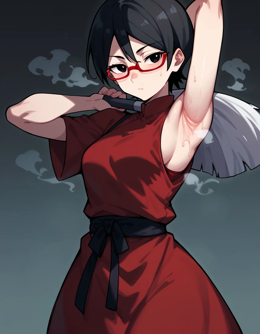  anime art style,sarada uchiha,  short hair,  Black Hair , (black eyes:1.5), Red-rimmed glasses, Glasses,  Sweep Bang,(Armpit:1.3)，(steam，steamimg:1.1)，  red dress ,halcon ,