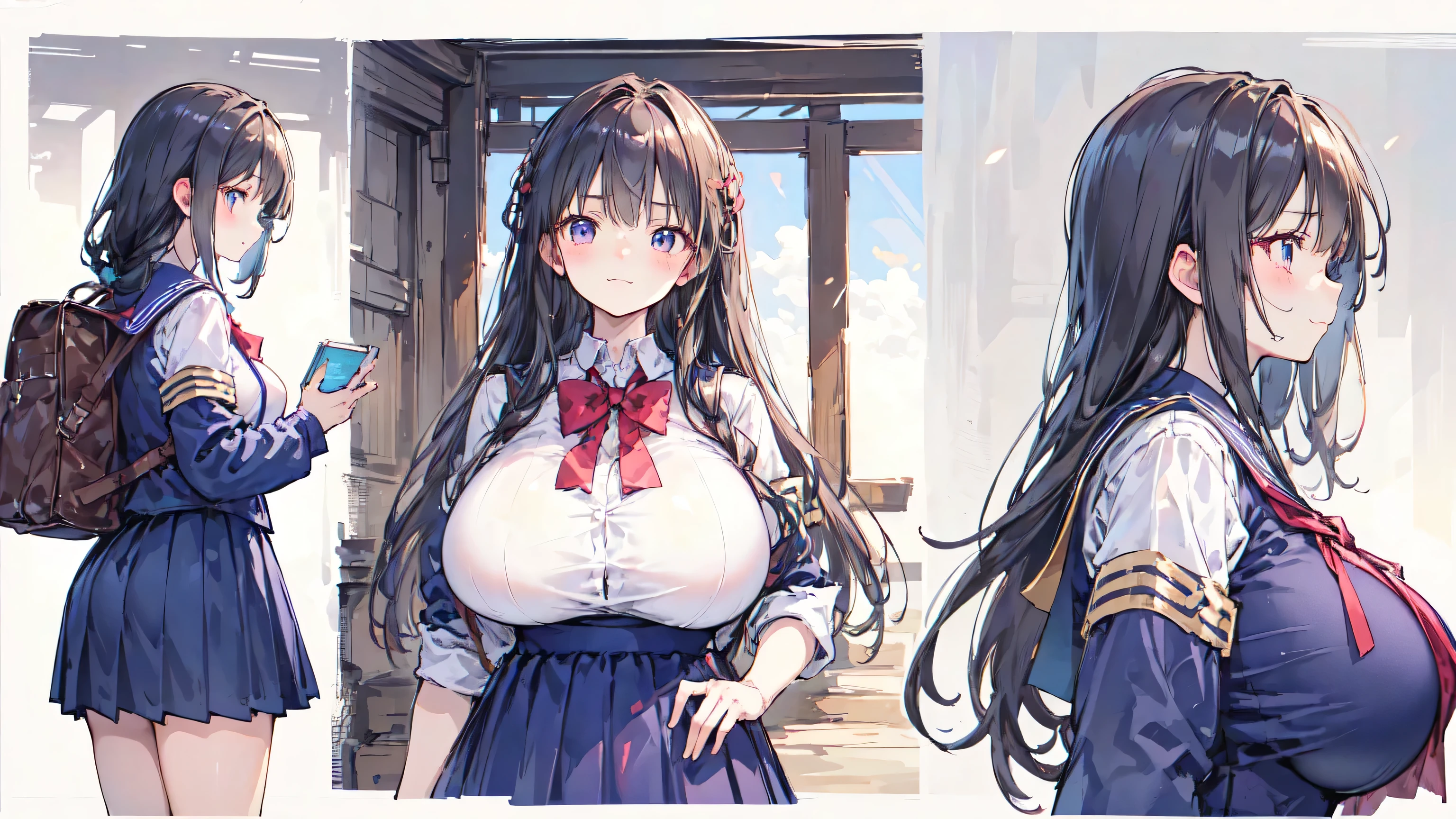 (side view),(super huge breasts:3.0,Student Uniform,A  young,,Adventurer&#39;s Clothes),